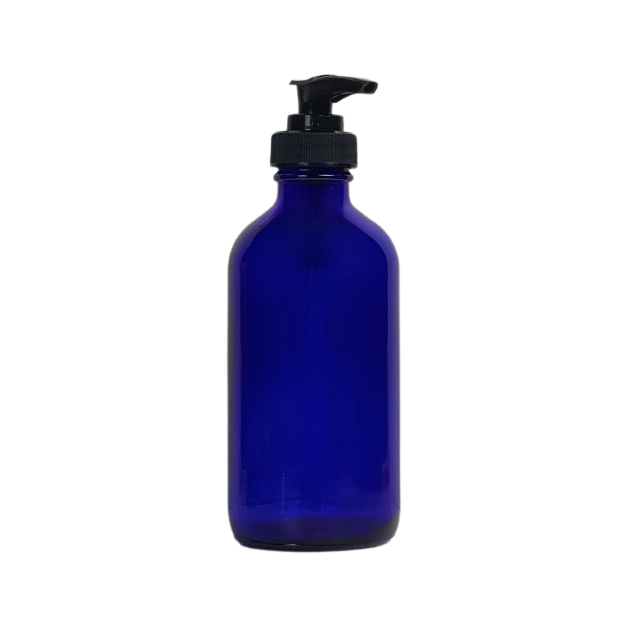 8 oz Cobalt Blue Boston Round Glass Bottle with Black Plastic Soap Pump