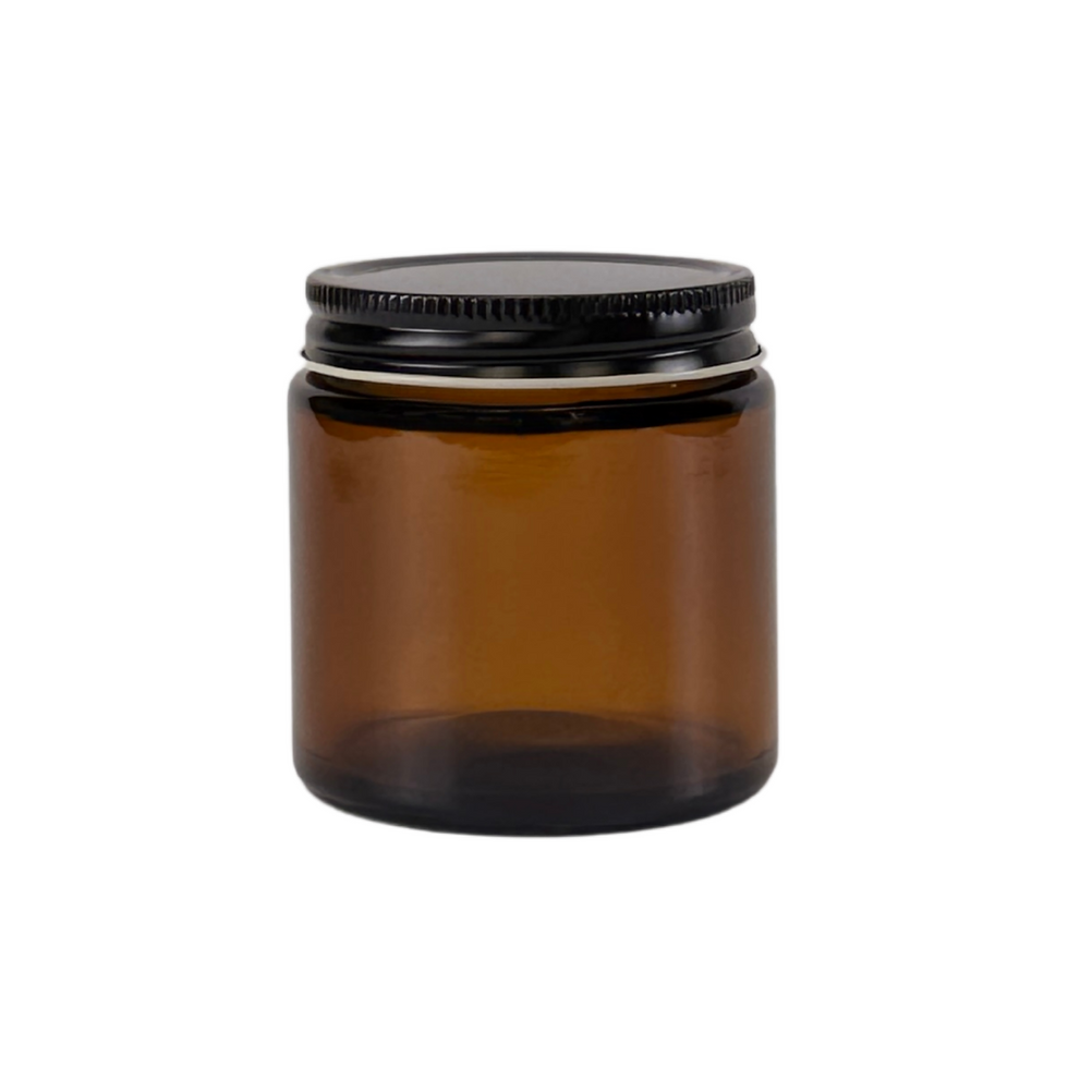 4 oz. Amber Glass 58-400 Straight Sided Jar with Black Metal Lid / Plastisol