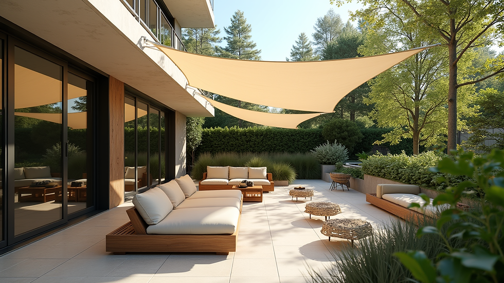 High angle view of a custom-fitted Sonnensegel shading a modern outdoor seating area