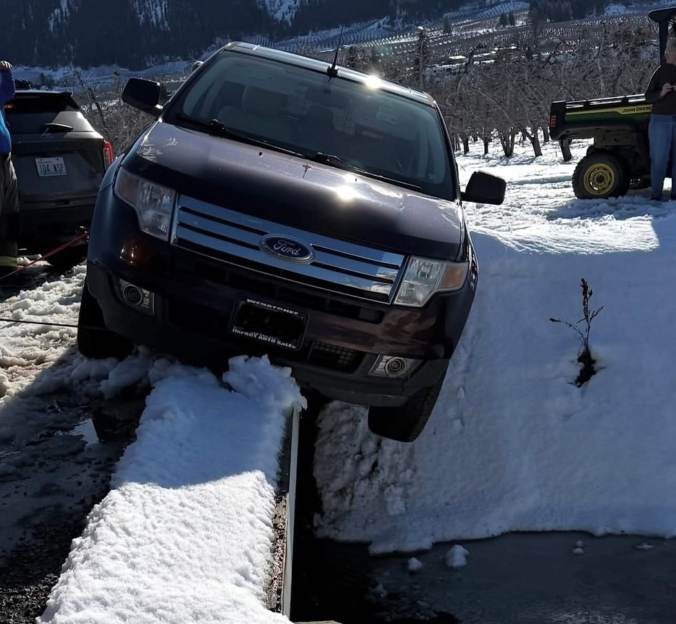 Vehicle teeters over Logsdon Lane canal bridge in Dryden, March 14. Photo courtesy: Washington State Patrol.
