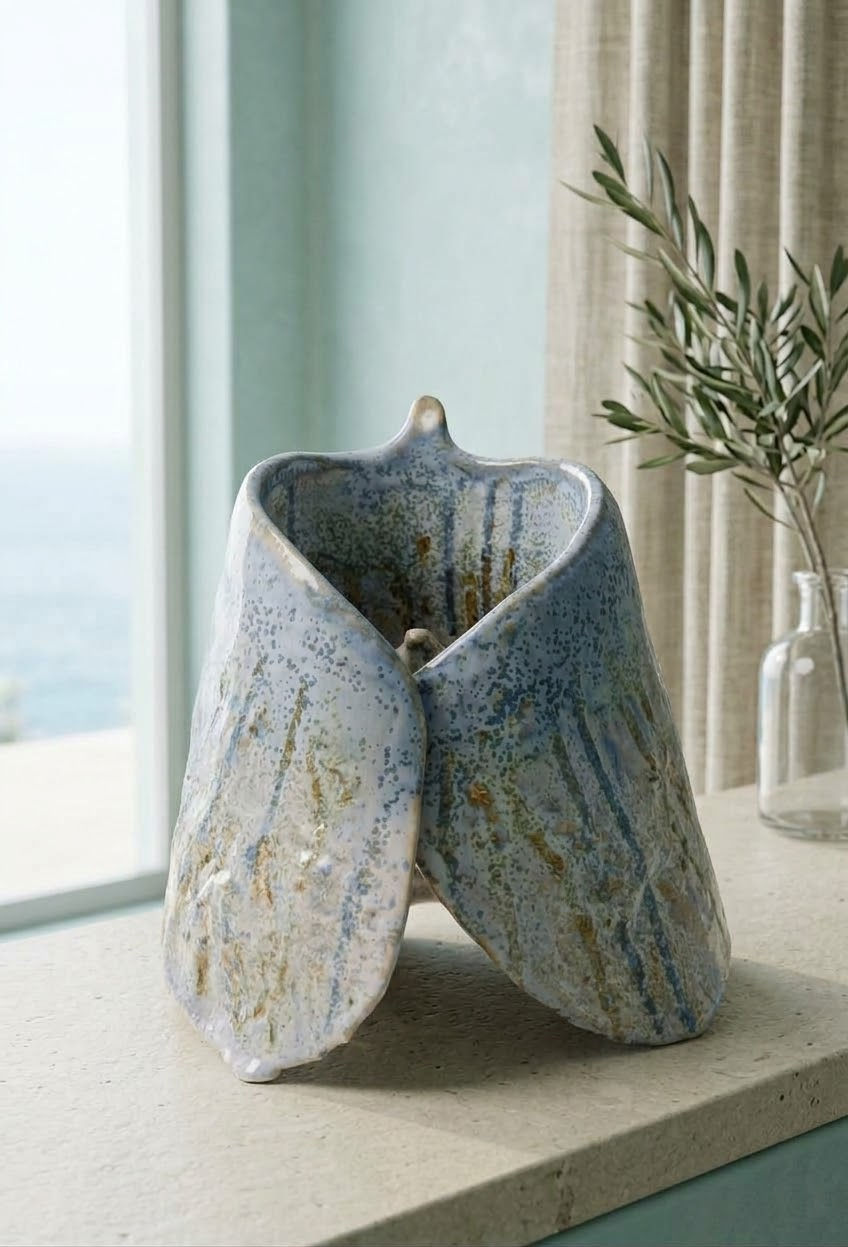 Escultura Ángel guardián sobre una consola de madera en un interior mediterráneo contemporáneo