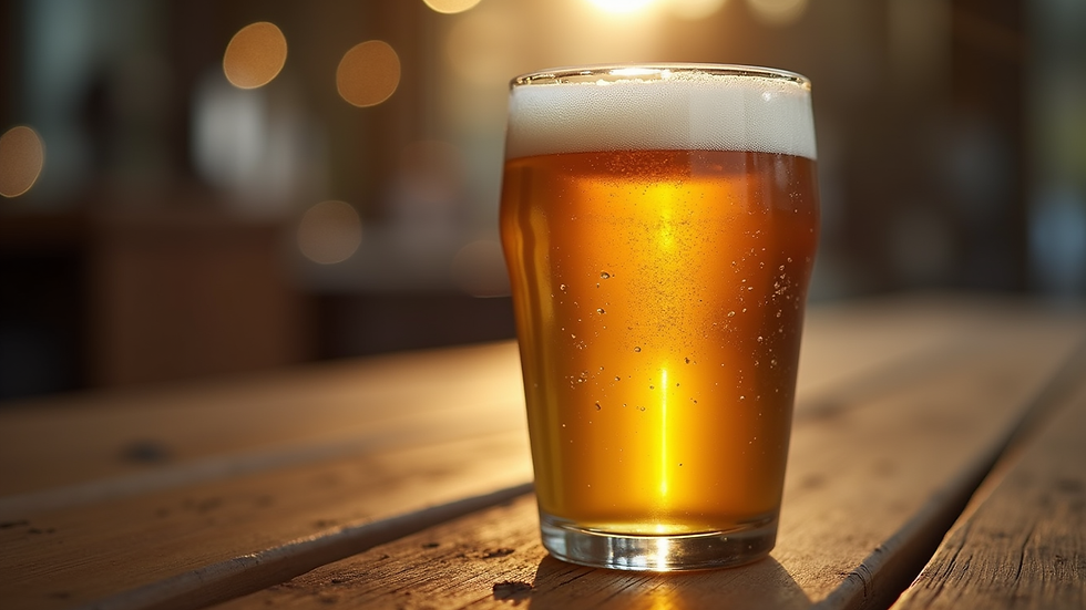 Close-up view of a craft beer glass filled with golden liquid