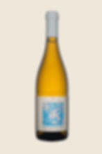 Bottle of organic Greek wine with blue artistic label.