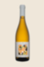 Bottle of white organic Greek wine with artistic label.