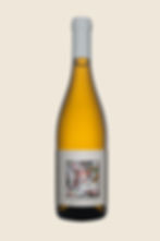 Bottle of white organic Greek wine with artistic label.
