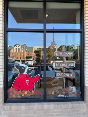 Fall windows at Chic Fila in Tulsa, Oklahoma by Tulsa Window Artist, Maria A. Trester