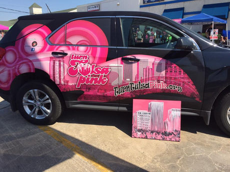 Maria A. Trester, local Tulsa Artist, volunteered to paint auction items for the Turn Tulsa Pink "Cuts for Cancer" event at JC Salon in Tulsa, OK. The Painting of Downtown Tulsa, seen here, was donated to the event and raised over $1000 for Cuts for Cancer. 