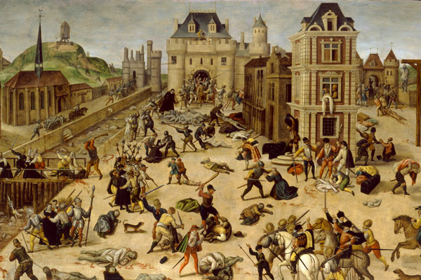 Massacre de la Saint-Barthélémy par François Dubois (1572-1584). On voit Catherine de Médicis en haut à gauche.