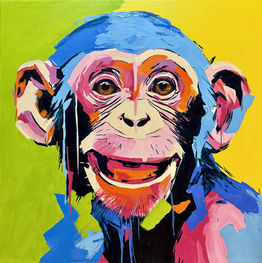Colorful chimpanzee portrait painting by Ian McGann – vibrant wildlife art