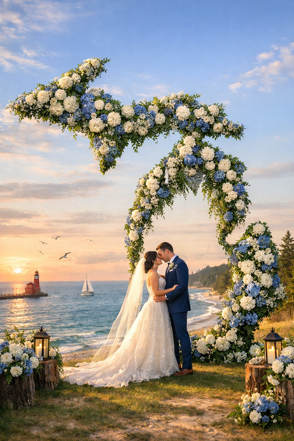 Wedding couple under Michigan floral arch at sunset