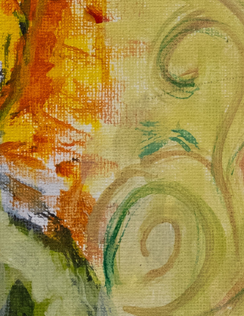 Abstract religious-inspired painting with golden background, fiery Halo, and swirling decorative patterns.