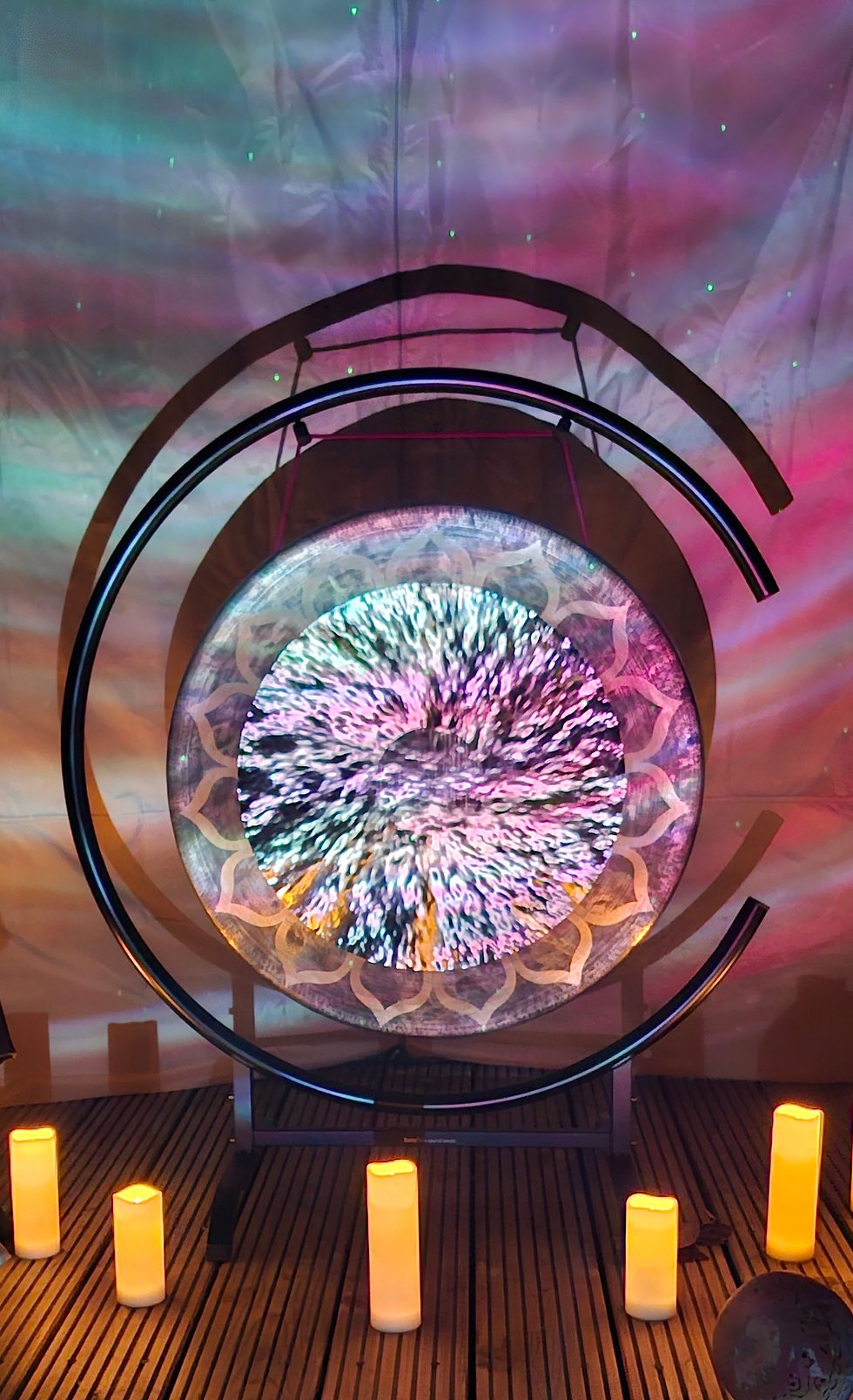 Emma's Lotus gong illuminated with coloured Lights
