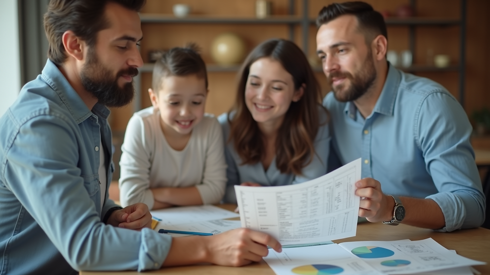Close-up view of a family discussing financial matters