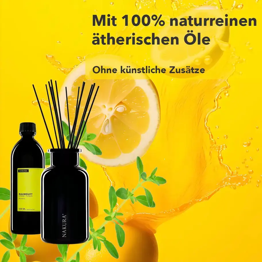 NAKURA Duftdiffuser 500ml Zitrone-Thymian, naturreine ätherische Öle, kombiniert frische Zitrusnoten mit würzigem Thymian für
