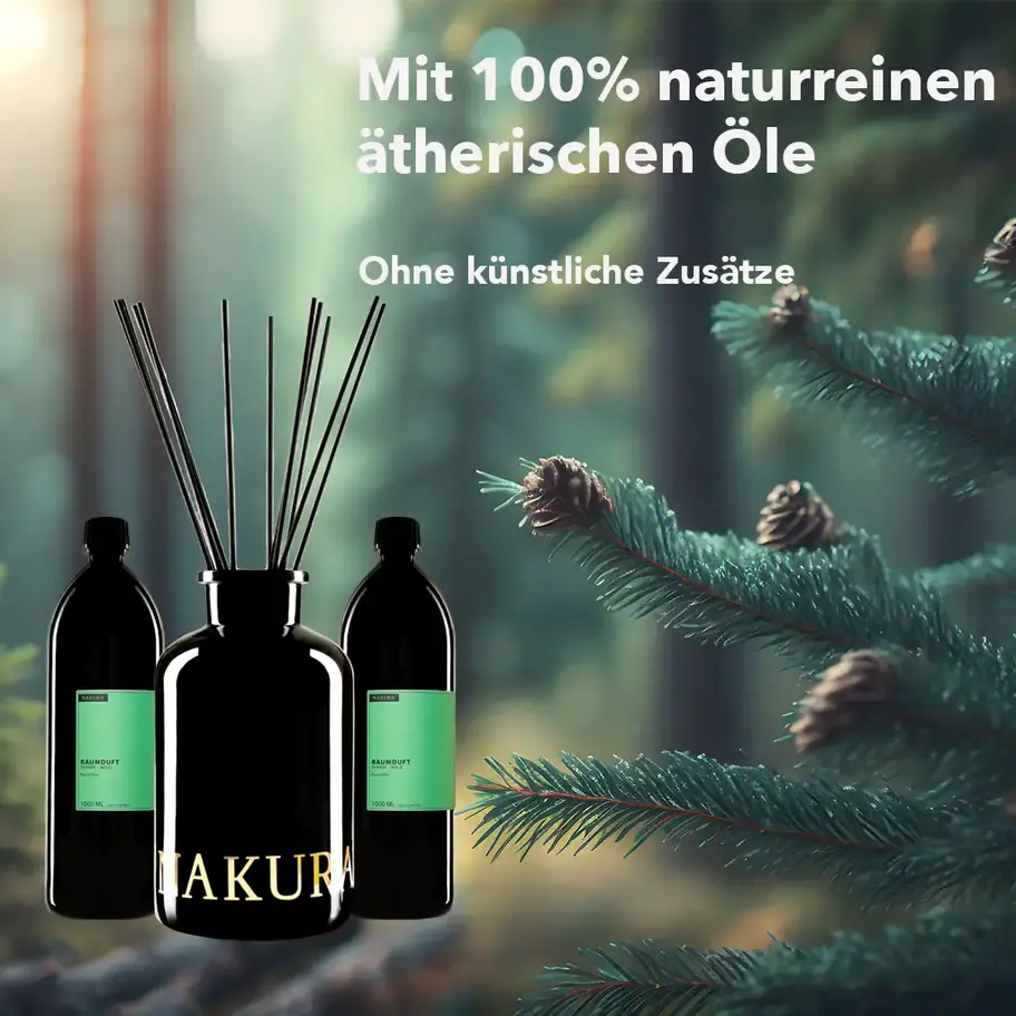NAKURA Diffuser Set 2000ml Tannen-Wald, mit naturreinen ätherischen Ölen, bringt den frischen, erdigen Duft des Waldes in gro