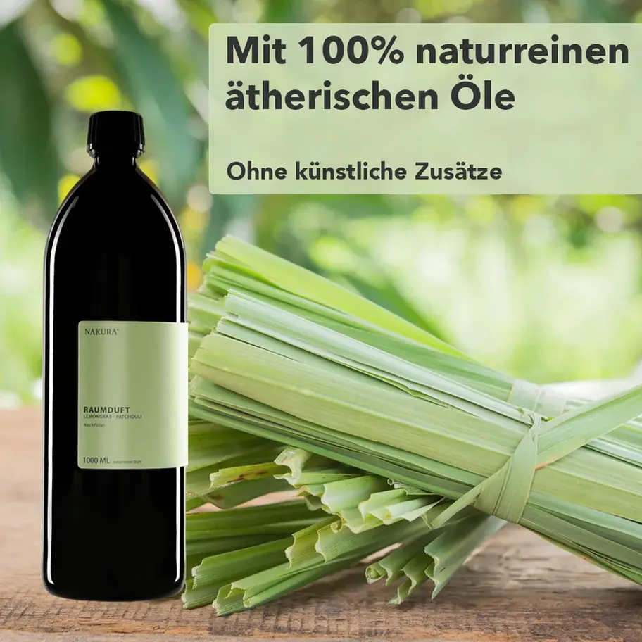 NAKURA Raumduft Nachfüller Lemongras-Patchouli, erhältlich in 500ml und 1000ml, mit naturreinen ätherischen Ölen für eine lan