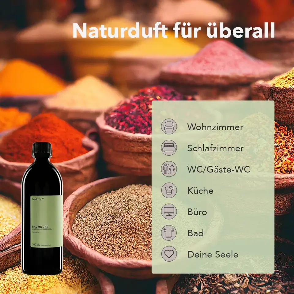 NAKURA Raumduft Nachfüller Lemongras-Patchouli, erhältlich in 500ml und 1000ml, mit naturreinen ätherischen Ölen für eine lan