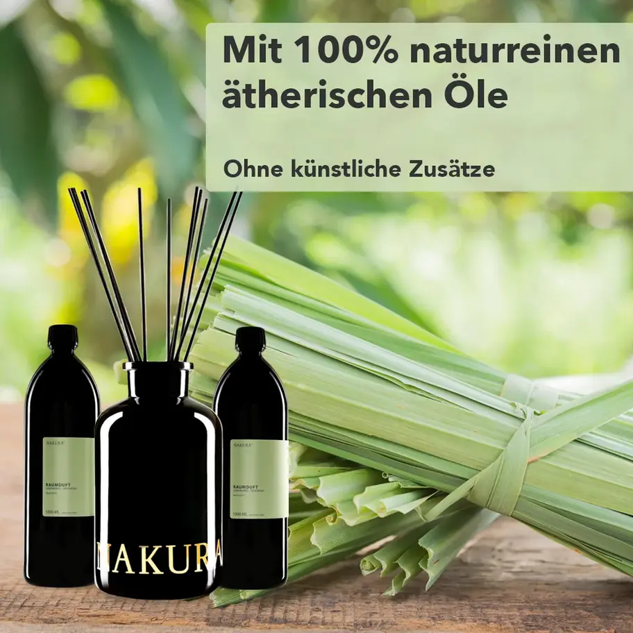 Luxus Raumduft Diffuser Set 2000ml Lemongras-Patchouli von NAKURA, ideal für große Räume, mit naturreinen ätherischen Ölen fü