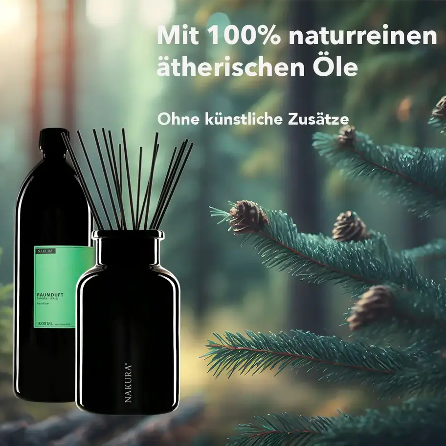 NAKURA Raumduft Diffuser Tannen-Wald, erhältlich in 500ml und 1000ml, mit naturreinen ätherischen Ölen, bringt frischen, erdi