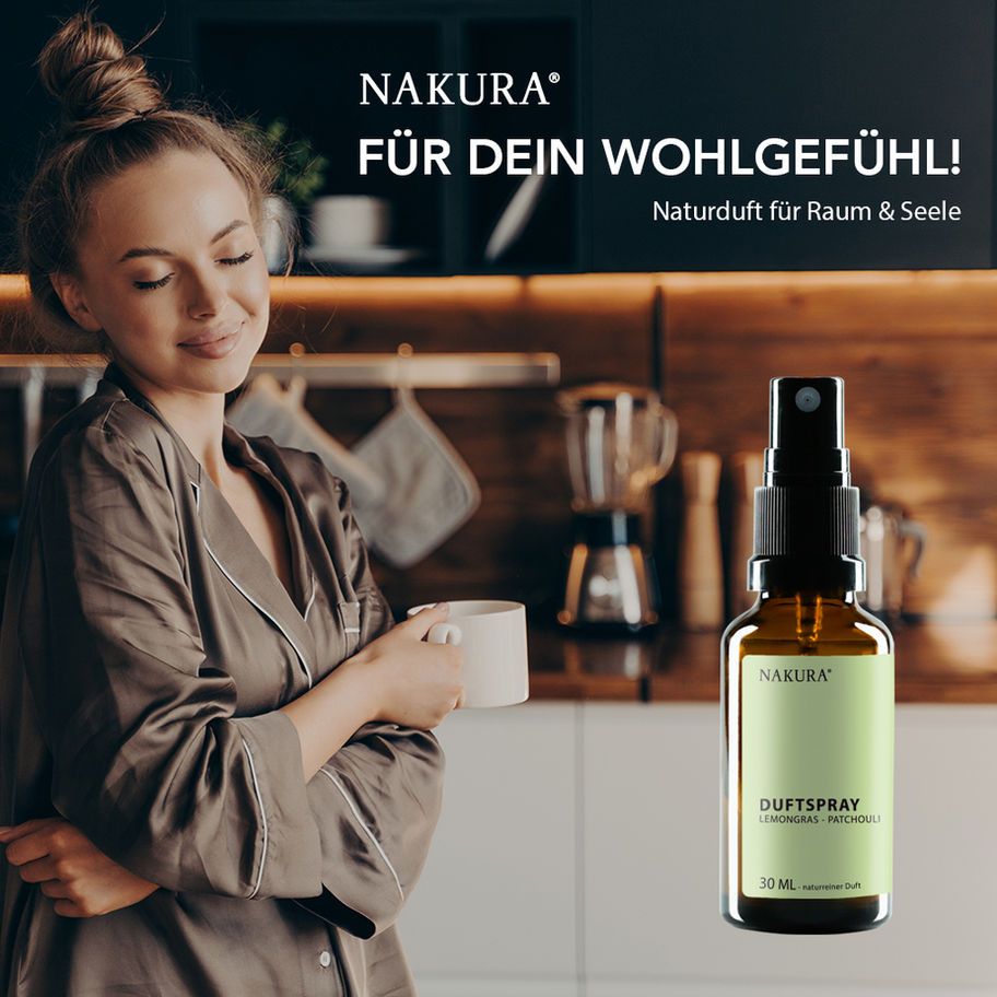 NAKURA Duftspray Lemongras-Patchouli, 30ml Flasche, verbindet die frische Zitrusnote von Lemongras mit der erdigen Tiefe von