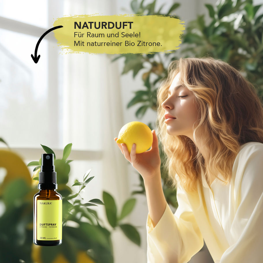 NAKURA Duftspray Zitrone-Thymian, 30ml Flasche, kombiniert die spritzige Frische der Zitrone mit der würzigen Note von Thymia