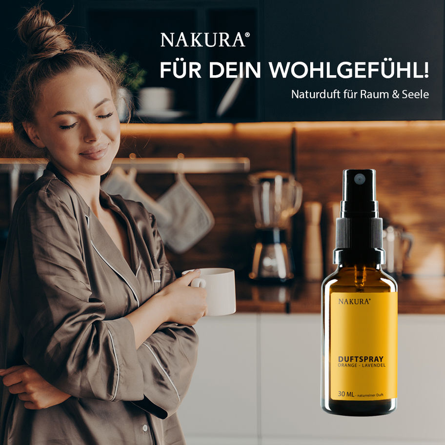 NAKURA Duftspray Orange-Lavendel, 30ml Flasche, vereint die fruchtige Frische von Orange mit der beruhigenden Wirkung von Lav