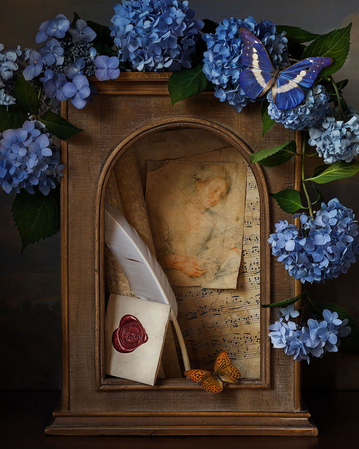 This artwork is a captivating blend of romance and mystery. It depicts an old-fashioned letter sealed in an envelope with a wax stamp, accompanied by a portrayal of a young woman as the focal point. The composition is filled with intriguing details such as a feather quill pen, aged musical notes, and parchment scrolls. A vine of blue hydrangea flowers and beautiful butterflies adds a lively touch to the scene. The piece appears to convey a hidden message of love, possibly from an admirer to his beloved. This evocative artwork combines fine art and storytelling to provide an intimate glimpse into enduring romance. It's ideal for those who admire the allure of concealed messages and classic artistic craftsmanship.