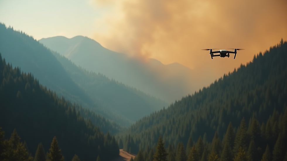Eye-level view of a drone flying over a forested area with smoke rising in the distance