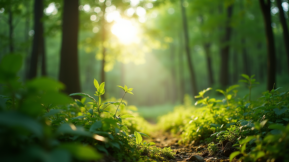 Eye-level view of a lush green forest with sunlight filtering through the leaves