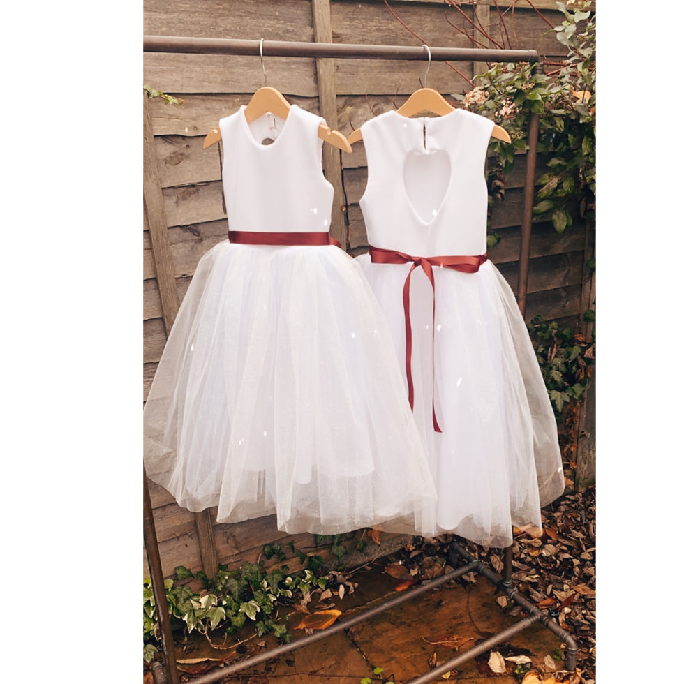 A handmade ivory white dress with a heart cut out back. It features a sparkly tulle skirt that falls ankle length, and a soft wine ribbon bow sash. The perfect flower girl, birthday dress or Christmas party dress