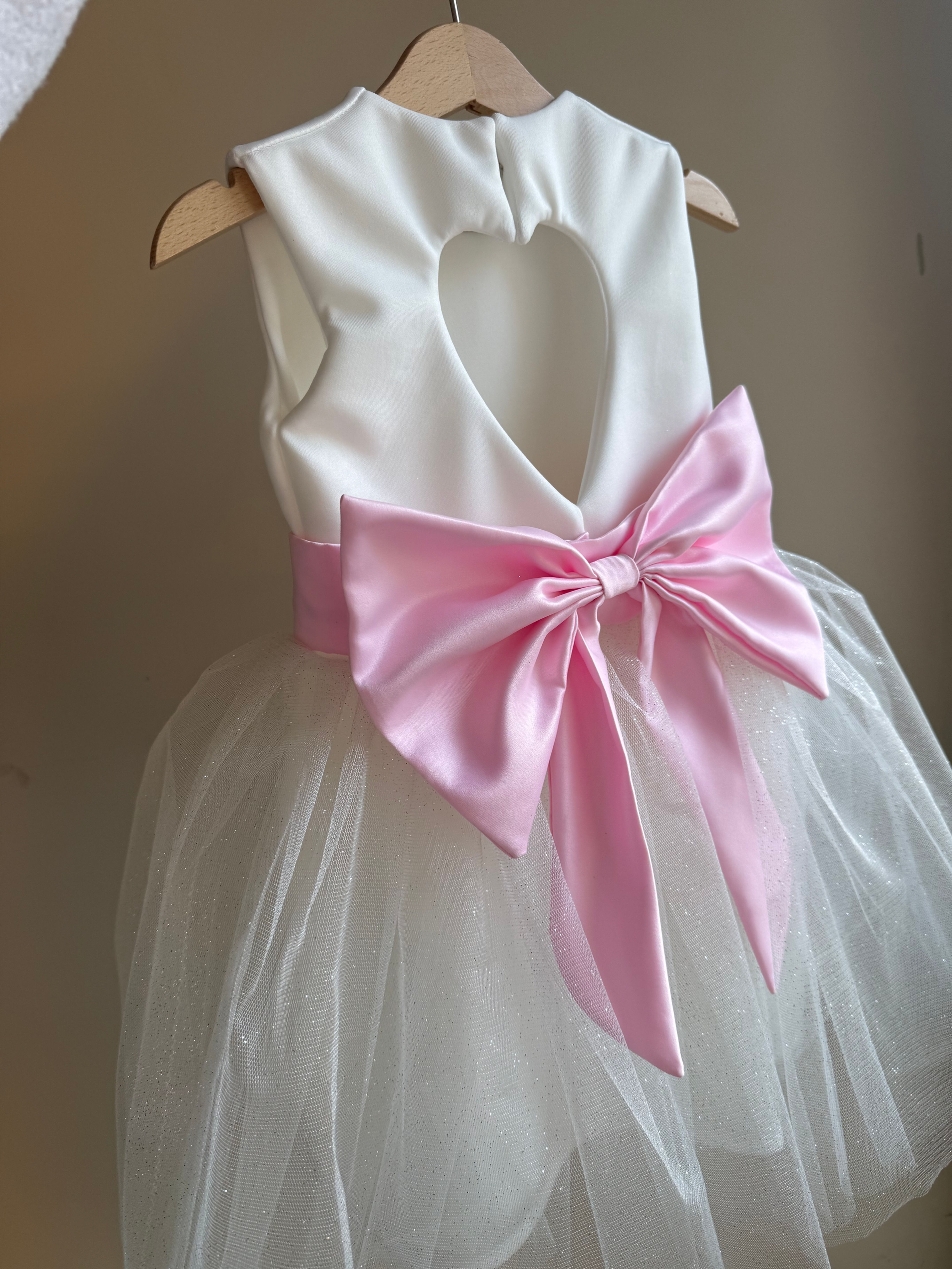 Sparkle tulle, pale pink bow, heart back flower girl dress