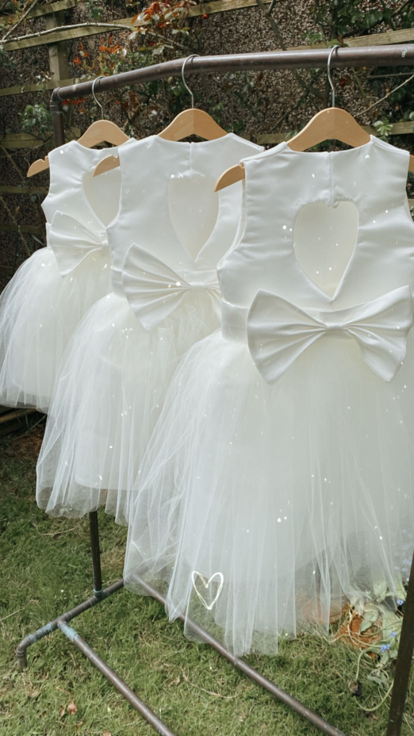 Thumbnail: A handmade ivory white duchess satin sleeveless tutu dress with a heart cut out back. It features a soft tulle skirt that falls knee length, and has a large duchess satin bow sash. The perfect flower girl, birthday dress or Christmas party dress