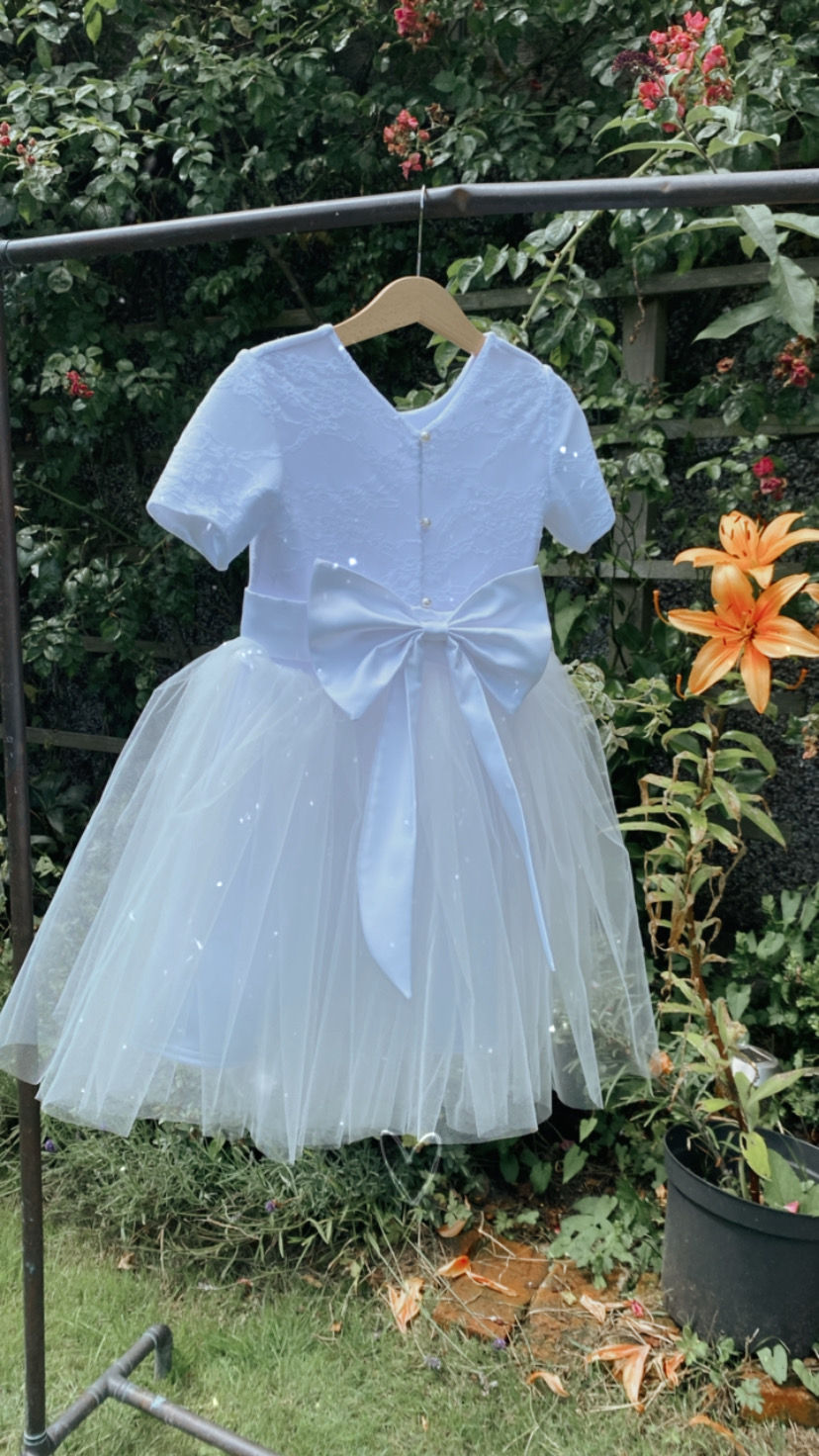 Thumbnail: Lace Pearl button back  with a bow sash flower girl dress