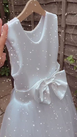 Thumbnail: Embroidered ankle length ribbon hemmed soft tutu dress with bow sash 