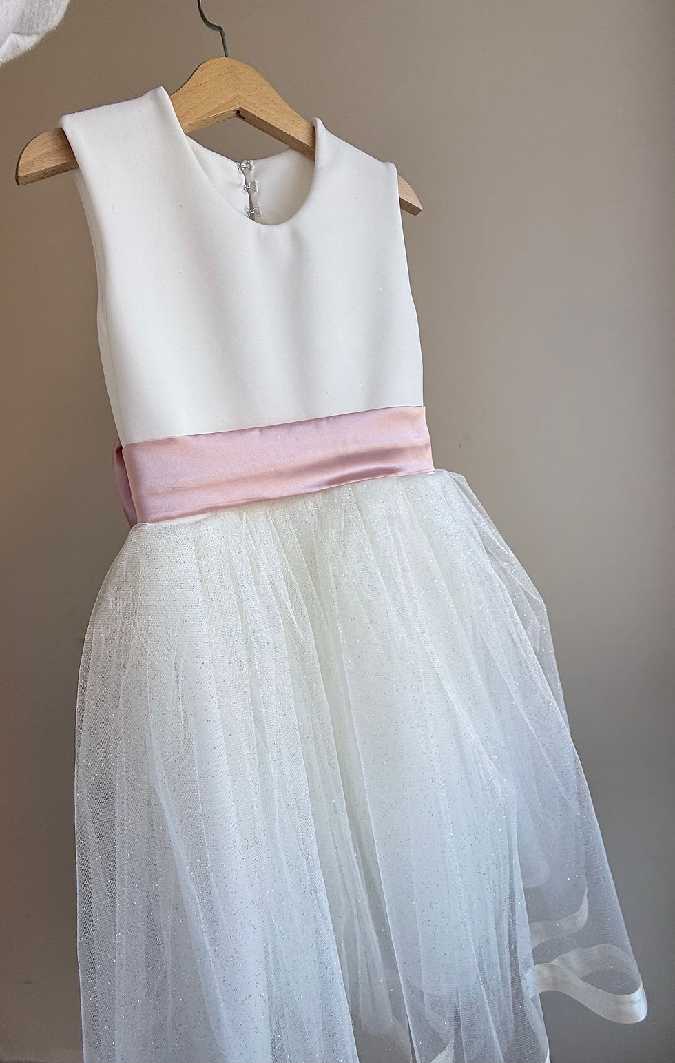 Thumbnail: Sparkly Ribbon tulle Pearl heart back large bow sash flower girl dres