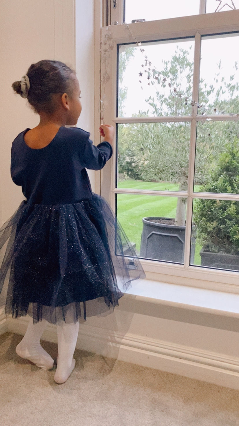 Thumbnail: Navy Cotton long sleeve sparkly tutu dress