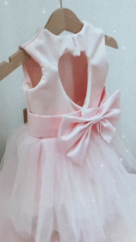 Thumbnail: Pink soft tulle heart back flower girl dress with large bow sash