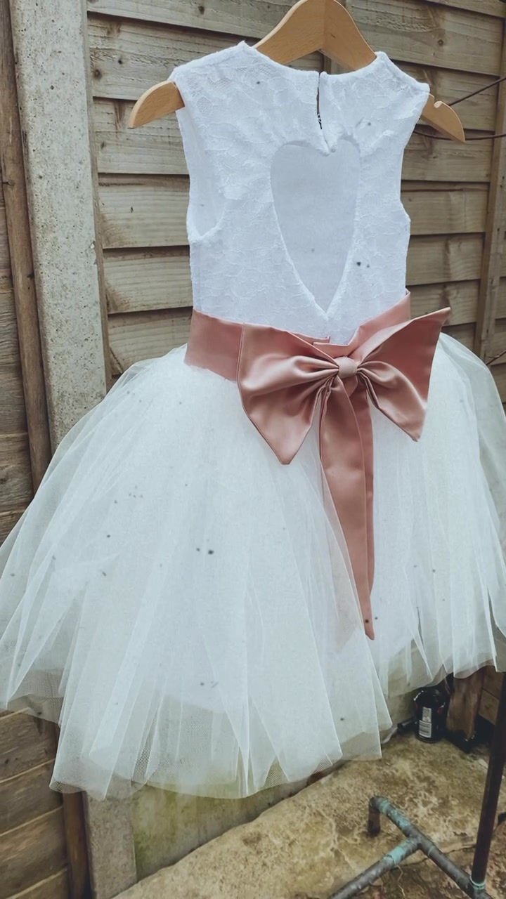 Thumbnail: Lace heart back flower girl large bow dress