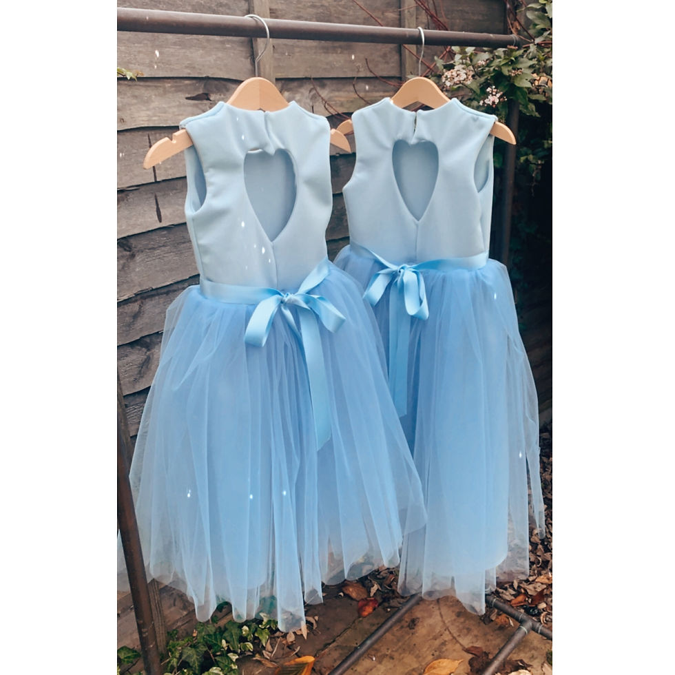Thumbnail: A handmade powder blue tutu dress with a soft tulle skirt that falls to the ankle. the back features a heart cut out back, perfect flower girl or birthday dress