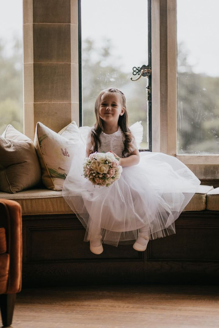 Thumbnail: Lace frill sleeve Heart back tulle flower girl dress