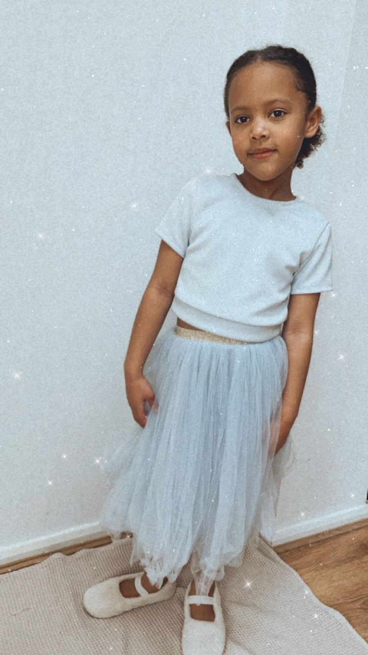 A handmade grey tutu skirt and fitted cap sleeve top. It features a soft light grey tulle skirt that falls just below the knee. The perfect flower girl, birthday dress or Christmas party dress