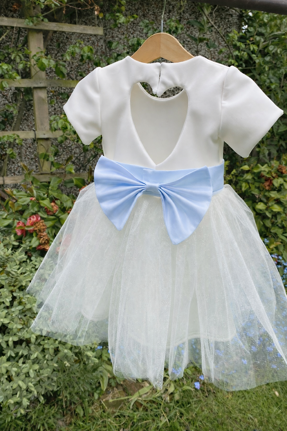 Thumbnail: Cap sleeve heart back pale blue satin bow sash tutu dressh