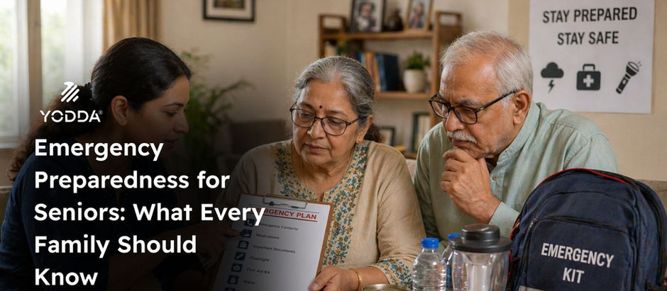 Three people - a younger woman and an elderly couple—carefully review an "Emergency Plan" checklist together. On the table before them are bottles of water, canned food, a lantern, and a blue backpack labeled "Emergency Kit."