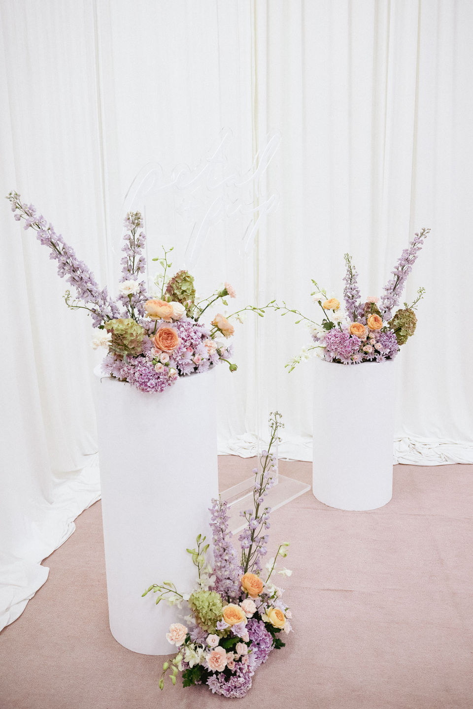 Whimsical and sculptural purple, blush and sage floral plinth arrangement with Hydrangea flowers for Petal and Pup International Women's Day flowers luncheon event