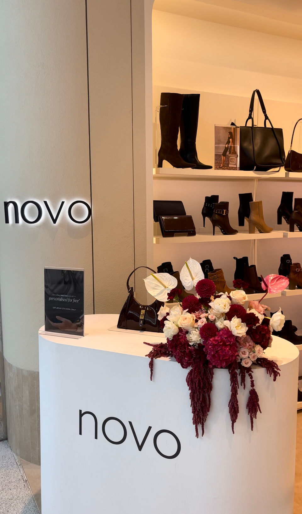 Floral bar arrangement bespoke design in maroon, white and pink for Novo shoes by MVMNT agency for PR brand initiative