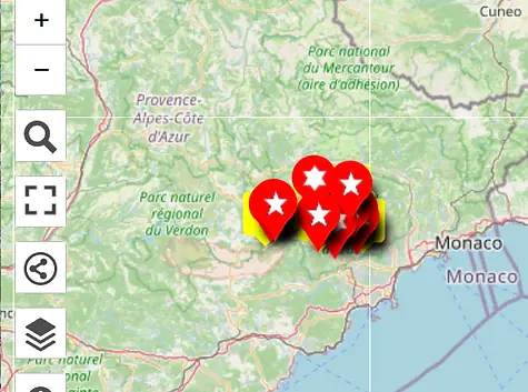 Carte des sites de vol parapente dans les Préalpes de Grasse
