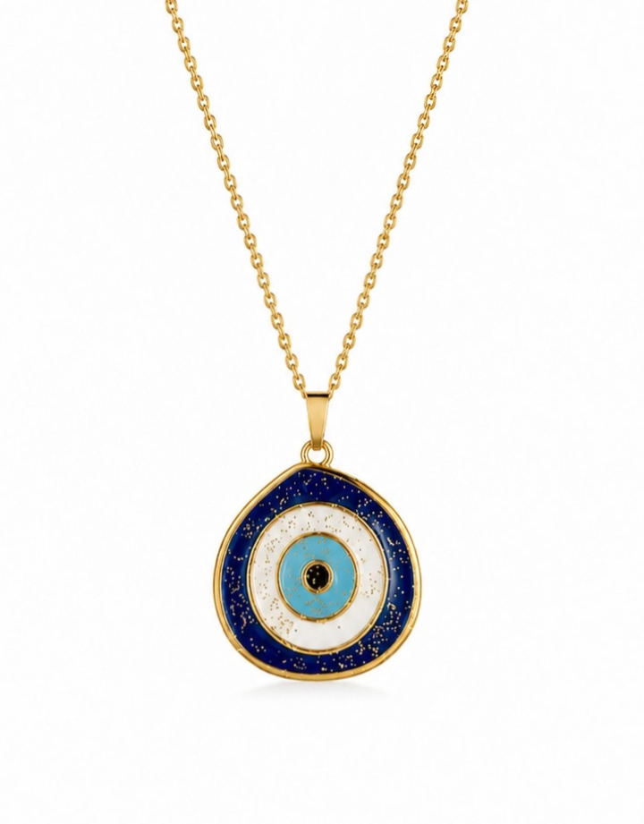 Gold chain necklace featuring a circular evil eye pendant with concentric rings of white and light blue enamel, accented with