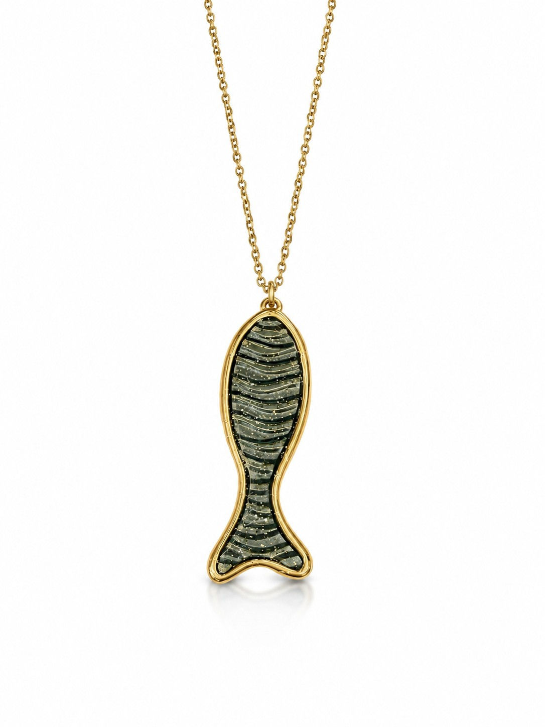 Gold-plated fish-shaped pendant necklace with a textured interior covered by liquid glass