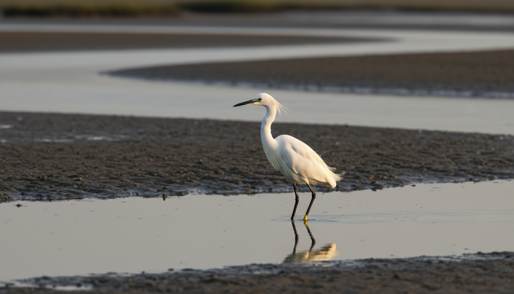 Eye-level view of a Little Egret standing in shallow water.