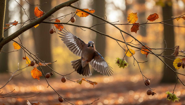 Low-angle view of a Eurasian jay flying between hazel branches in autumn.